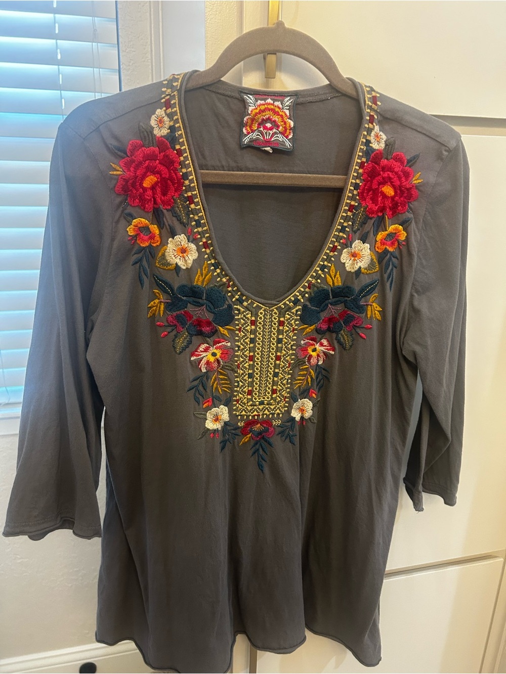 Johnny Was Gray Tunic with Red, Yellow & Green Floral Embroidery